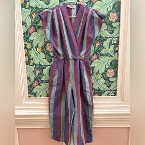 80s 1980s Vintage Betseys Things deep V neck striped cropped cotton jumpsuit
